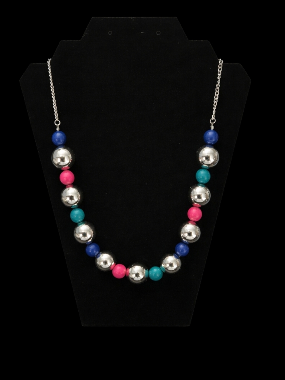 Multicolor Beaded Statement Necklace - Silver, Blue, Teal & Pink